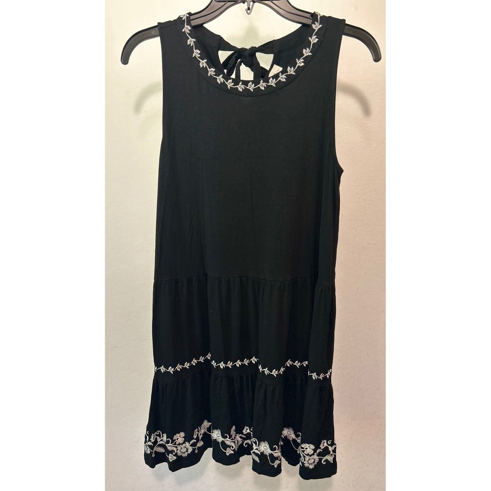 LOFT Petites Black Embroidered Tiered Sleeveless Mini Dress MP Tie Back Floral